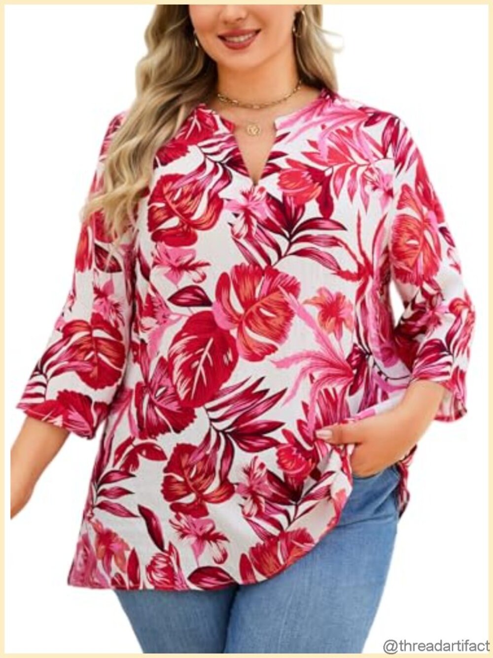 Plus Size 3/4 Sleeve Boho Tunic Top Floral Peasant Blouse Loose Fit